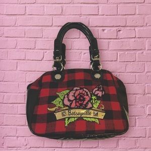 Vintage Betsy Johnson red and black Buffalo check plaid w black patent purse